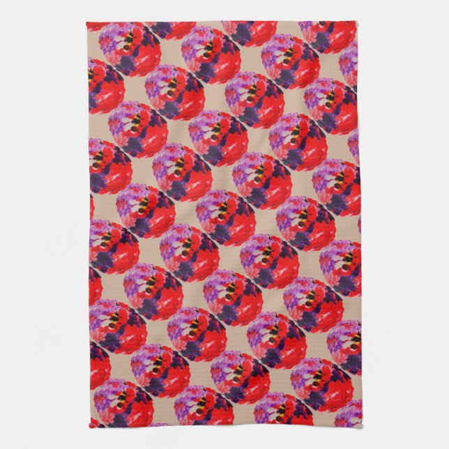 Purple Red Retro Pattern Flower Bees Tea Towel (Vertical)