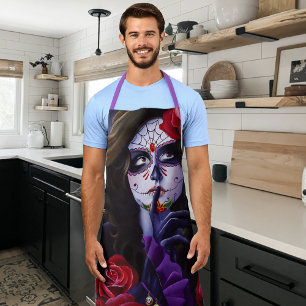 Purple Red Roses Sugar Skull Fairy Day Dead Apron