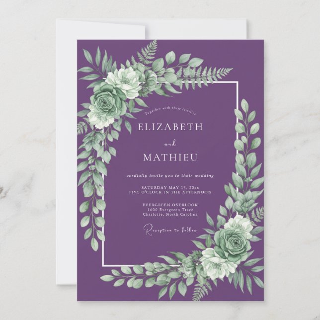 Purple Refined Botanical Wedding Invitation (Front)