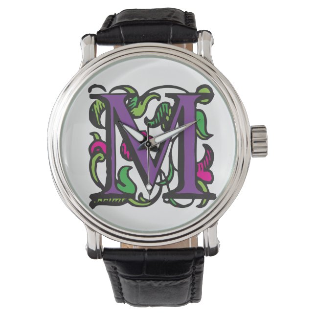 Purple Renaissance Illuminated Manuscript M Watch (Front)