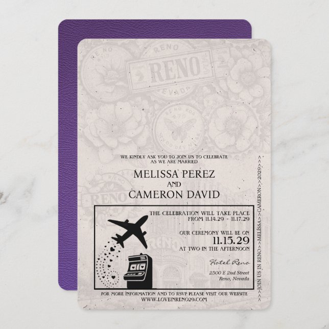 Purple Reno Passport Wedding Invitation (Front/Back)