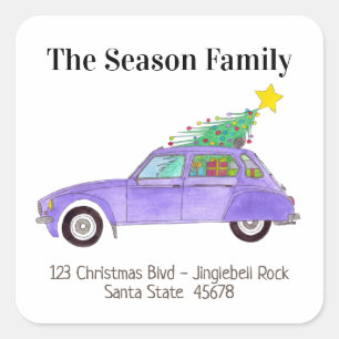 Purple Retro Car with Christmas Gifts Square Sticker