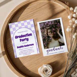Purple Retro Chequerboard Arch Graduation Party Invitation