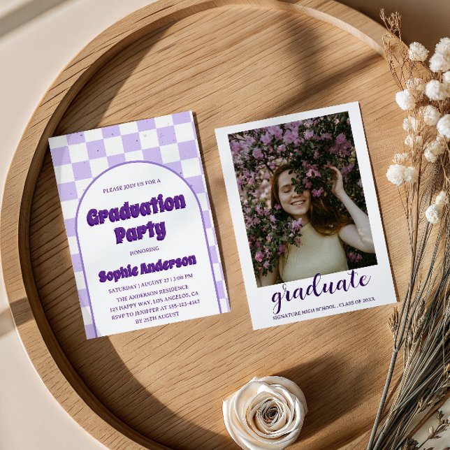 Purple Retro Chequerboard Arch Graduation Party    Invitation (Creator Uploaded)