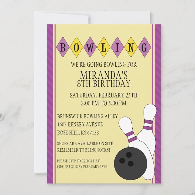 Purple Retro Custom Bowling Birthday Party Invitation (Front)