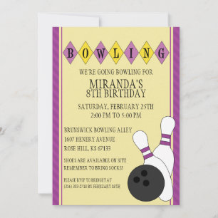 Purple Retro Custom Bowling Birthday Party Invitation