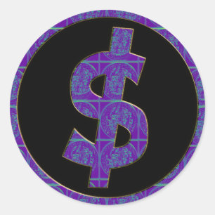 PURPLE RETRO DOLLAR SIGN CLASSIC ROUND STICKER
