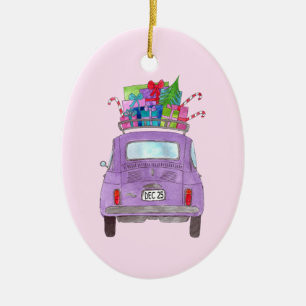 Purple Retro Fiat 500 with Christmas Gifts Ceramic Tree Decoration
