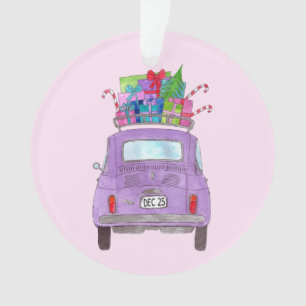 Purple Retro Fiat 500 with Christmas Gifts Ornament