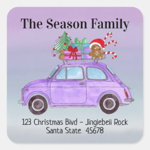 Purple Retro Fiat 500 with Christmas Gifts Square Sticker