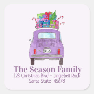 Purple Retro Fiat 500 with Christmas Gifts Square Sticker