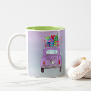 Purple Retro Fiat 500 with Christmas Gifts Two-Tone Coffee Mug