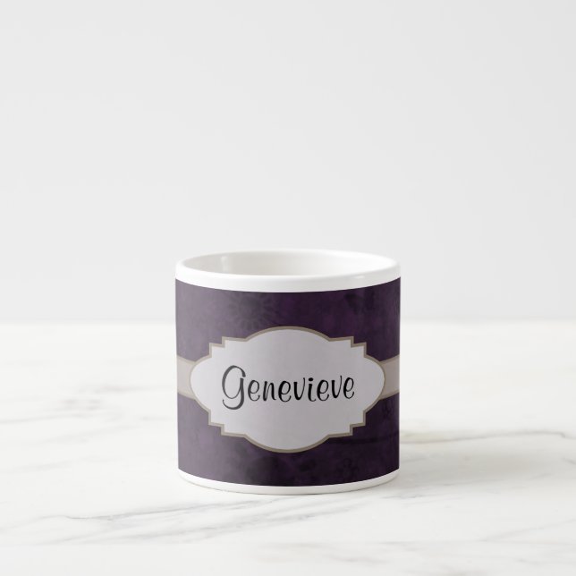 Purple Retro Floral Abstract Nameplate Espresso Cup (Front)