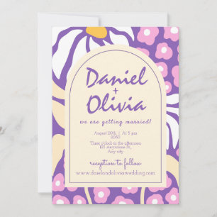 Purple Retro Floral with QR Wedding Invitation
