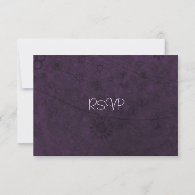 Purple Retro Flowers and Butterflies Abstract RSVP Card (Front)