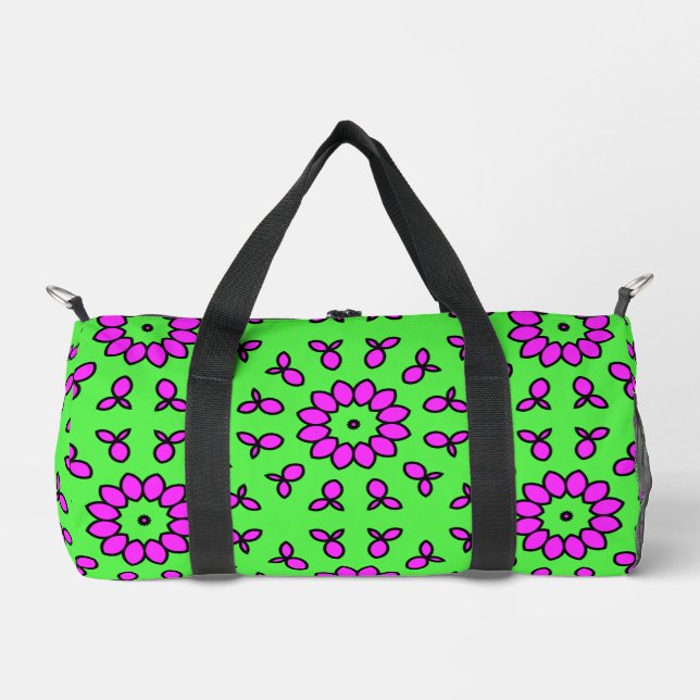 Purple Retro Flowers on Lime Green Background  Duffle Bag (Front)