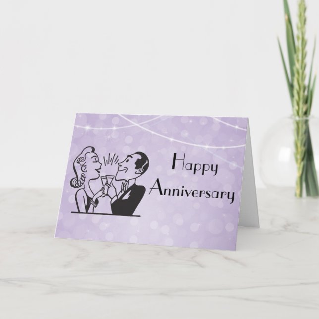 Purple Retro Glitter Lights Couple Toasting Card (Front)