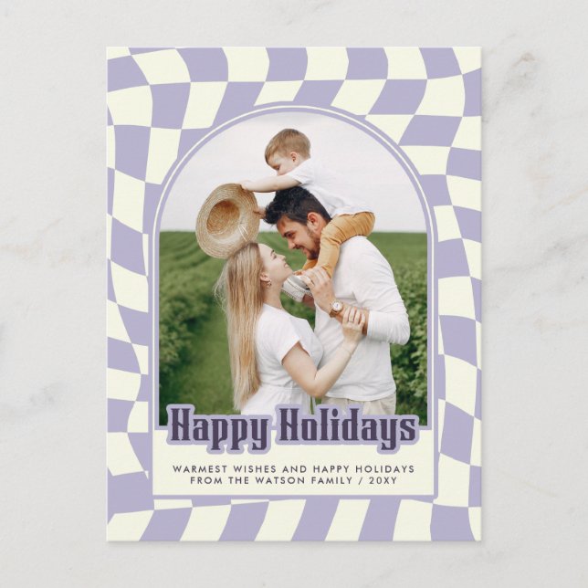Purple Retro Groovy Chequered Happy Holidays Photo Holiday Postcard (Front)
