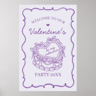 Purple Retro Heart Coquette Cake Valentine Welcome Poster