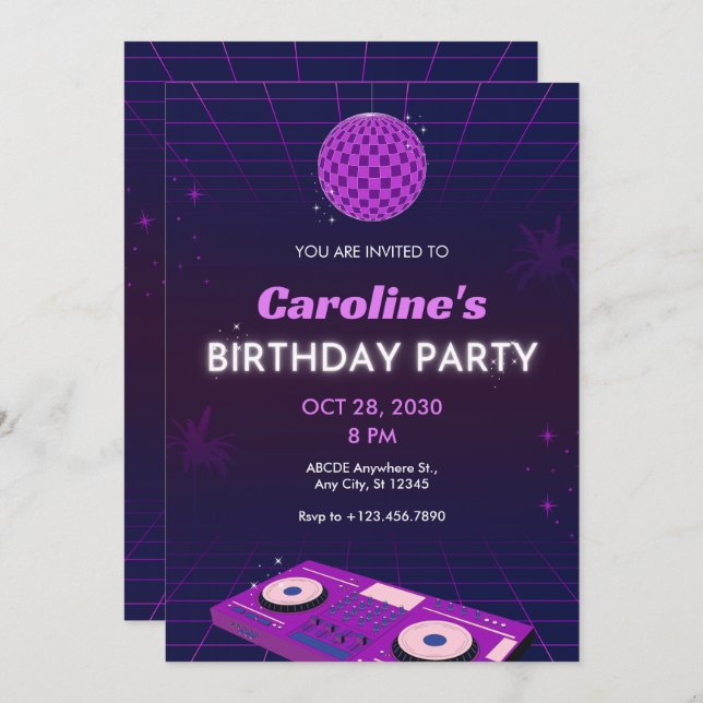 PURPLE RETRO NIGHT DJ DISCO BALL BIRTHDAY PARTY INVITATION (Front/Back)