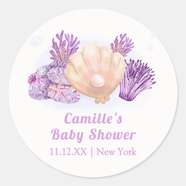 Purple Retro Pearl Seashell Baby Shower   Classic Round Sticker (Front)