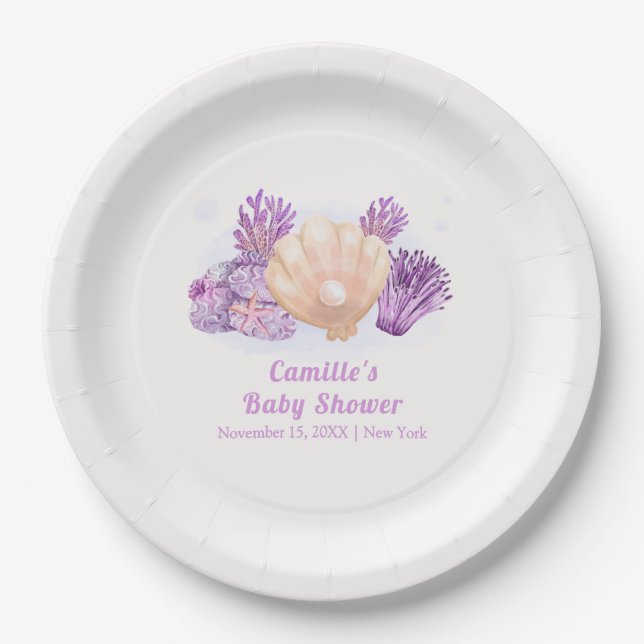 Purple Retro Pearl Seashell Baby Shower   Paper Plate (Front)