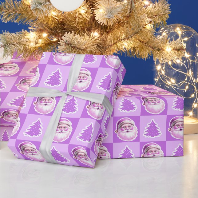Purple Retro Santa Claus Christmas Tree Plaid Wrapping Paper (Holidays)