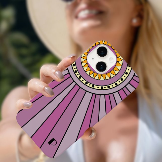 Purple Retro sun rays Custom monogram letter Case-Mate iPhone Case (Creator Uploaded)