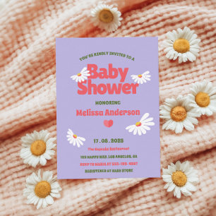 Purple Retro Whimsical Daisy Baby Shower  Invitation