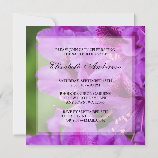 Purple Rhododendron Flowers 80th Birthday Party Invitation (Front)