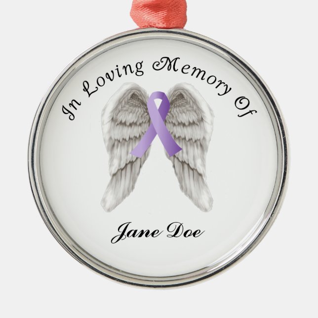 Purple Ribbon All Cancer In Memory Metal Tree Decoration (Front)