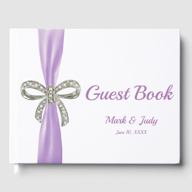 Purple Ribbon Diamond Bow Wedding Guestbook (Front)
