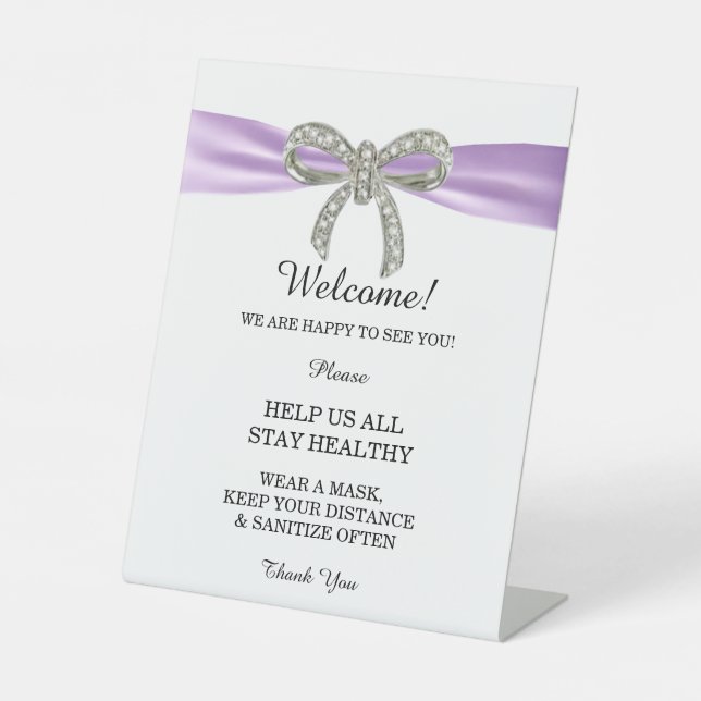 Purple Ribbon Diamond Bow Wedding Safety  Pedestal Sign (Front)