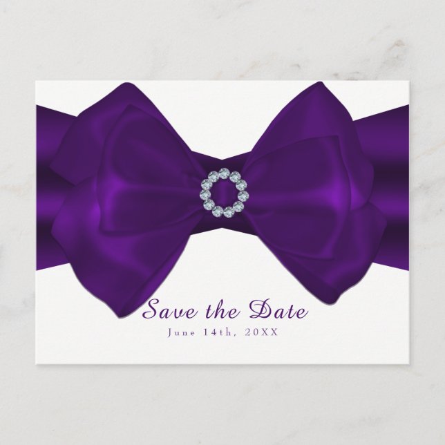 Purple Ribbon & Diamonds Elegant Save the Date Announcement Postcard (Front)