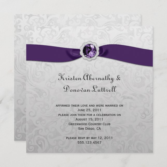 Purple Ribbon Gem Silver Post Wedding Invitation (Front/Back)
