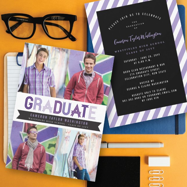 Purple Ribbon Graduate Photo Graduation Party Invitation (Creator Uploaded)
