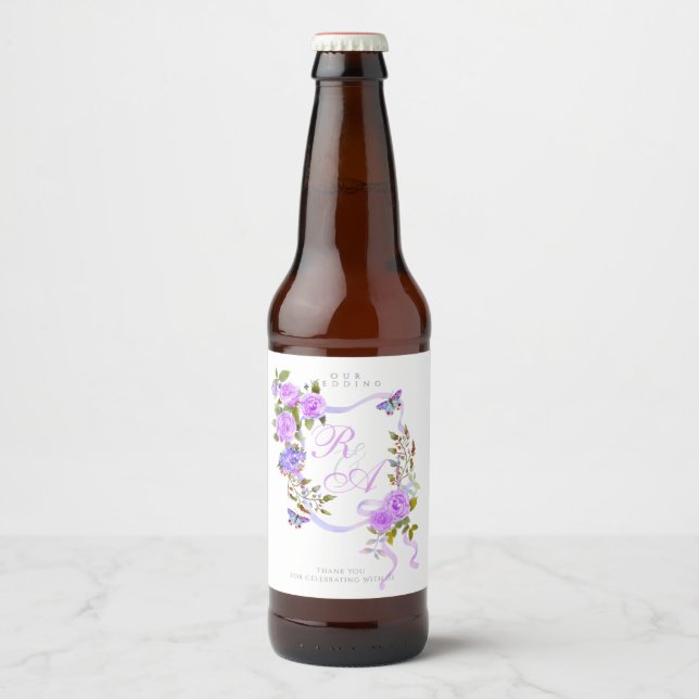 Purple Ribbon Monogram Wedding  Beer Bottle Label (Front)