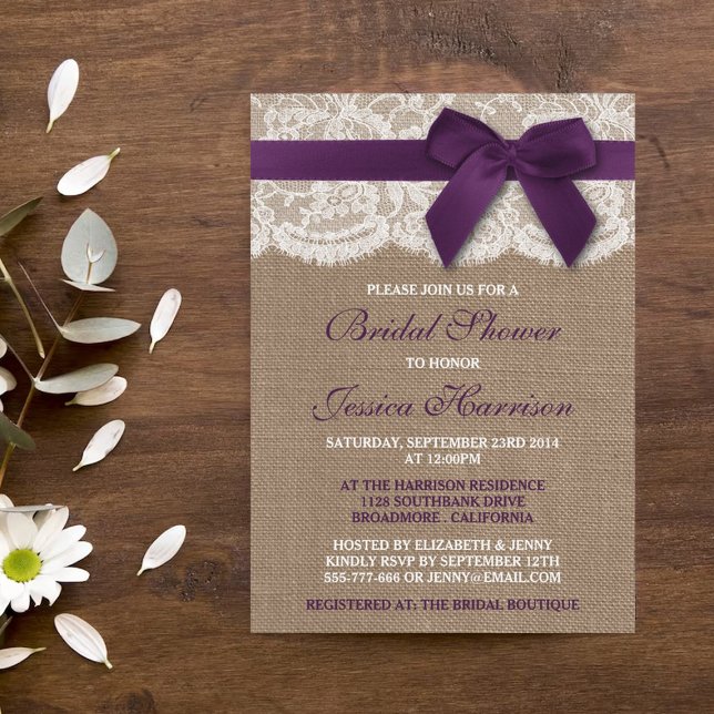 Purple Ribbon On Burlap & Lace Bridal Shower Invitation (Creator Uploaded)