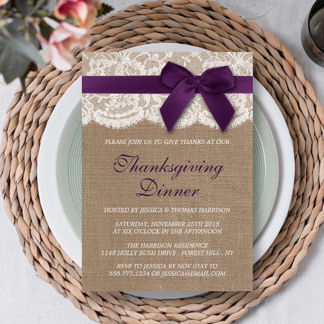 Purple Ribbon On Burlap & Lace Thanksgiving Dinner Invitation (Creator Uploaded)
