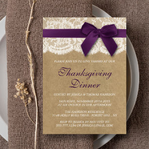 Purple Ribbon On Kraft & Lace Thanksgiving Dinner Invitation