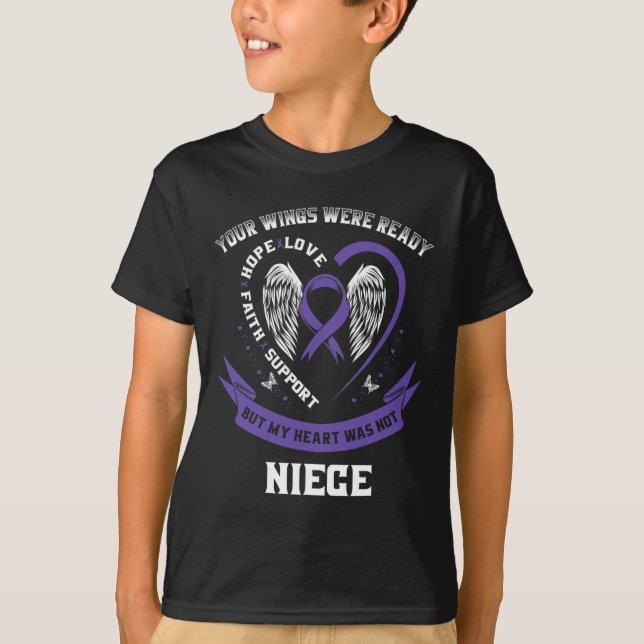 Purple Ribbon Pancreatic Cancer Awareness Niece He T-Shirt (Front)