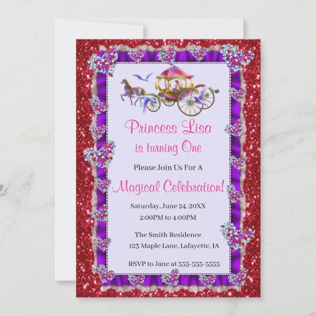 Purple Ribbon Red Glitter Royal Princess Birthday Invitation (Front)