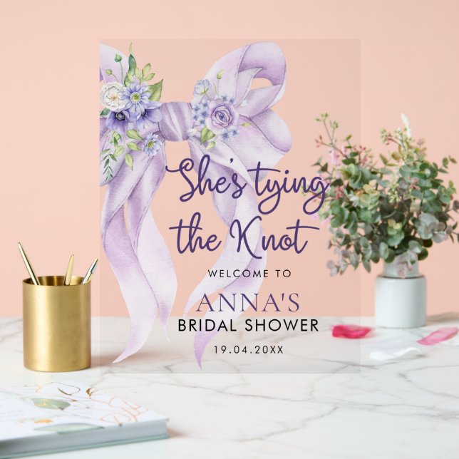 Purple Ribbon She's Tying the Knot Bridal Shower Acrylic Sign (Wedding)