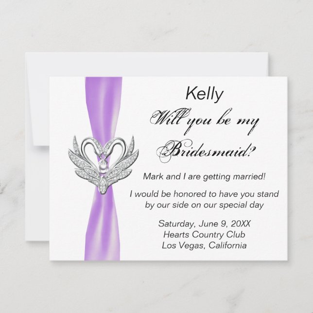 Purple Ribbon Silver Swans Bridesmaid Card (Front)