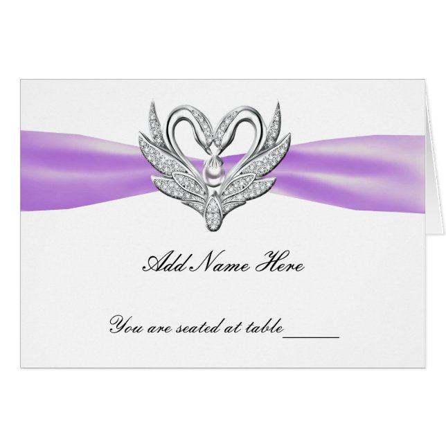 Purple Ribbon Silver Swans Folded Table Place Card (Front Horizontal)