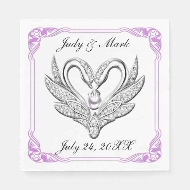 Purple Ribbon Silver Swans Paper Napkins (Front)