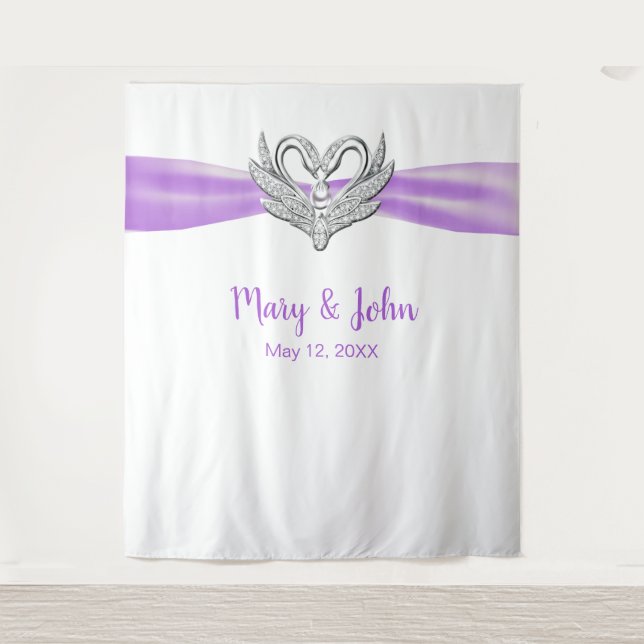 Purple Ribbon Silver Swans Wedding Backdrop Tapestry (Front)