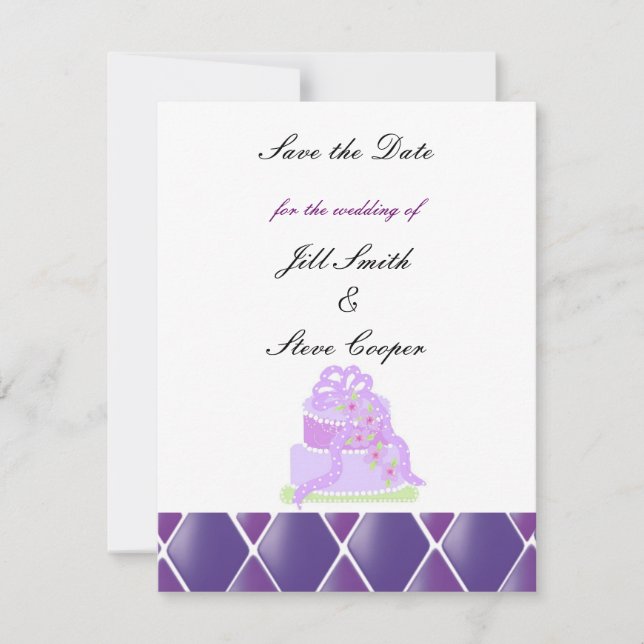 Purple Ribbon Wedding Cake Save the Date (Front)