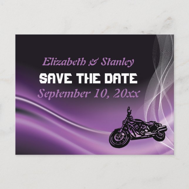 Purple road biker wedding Save the Date postcard (Front)