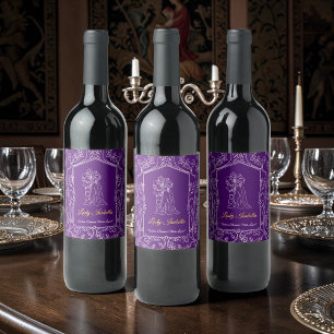 Purple Romance Knight Couple Floral Frame  Wine Label